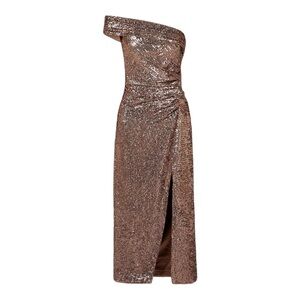 SIMKHAI Zay strapless asymmetric sequined satin midi dress NWT